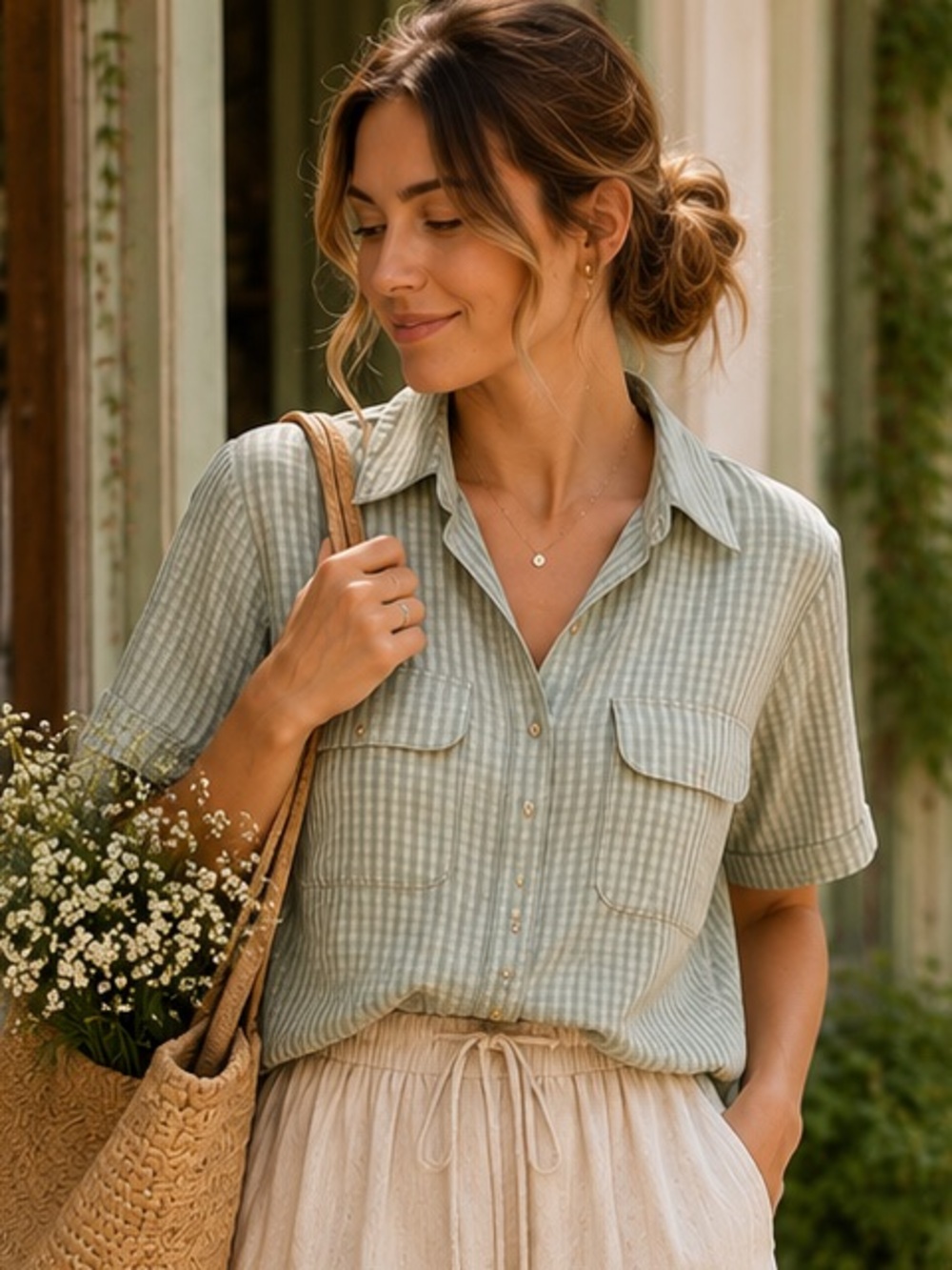 103.) 🍃SALE🍃 Vintage - Short-Sleeve Button Down Shirt -Sage Green Gingham